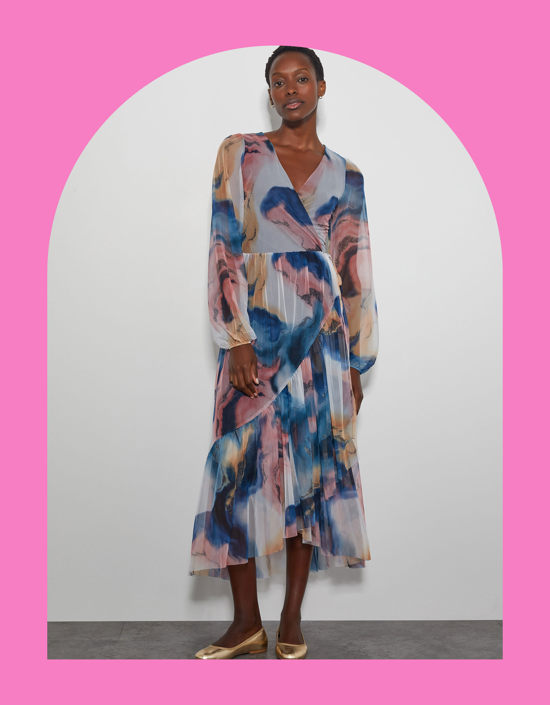 Cr s Marble Print Wrap Midi Dress Blue