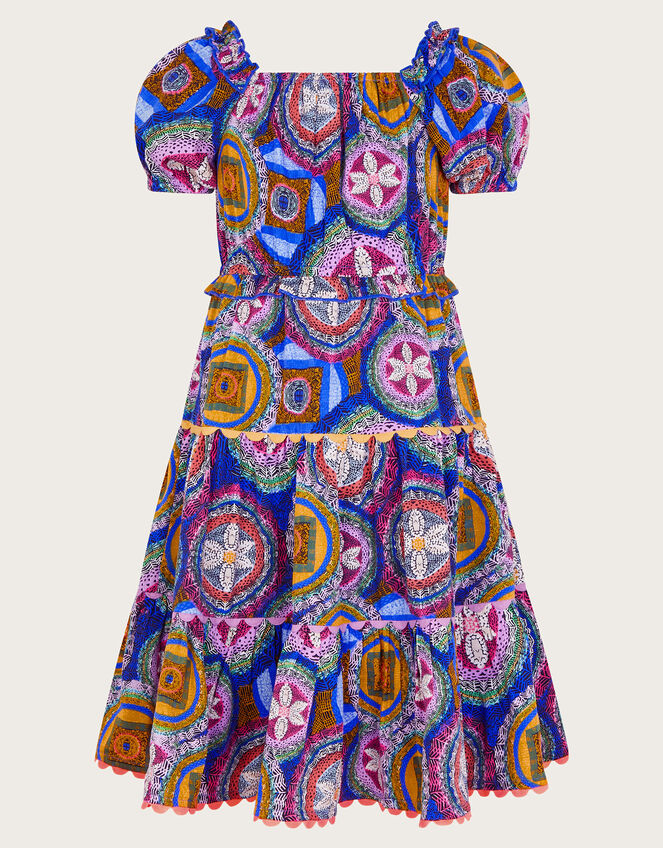 Short Sleeve Scallop Print Dress, Blue (BLUE), large
