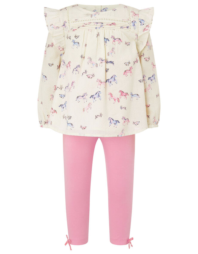 Baby Horse Blouse and Leggings Set in Organic Cotton, Ivory (IVORY), large