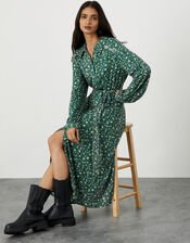 Floral Print Embroidered Shirt Dress, Green (GREEN), large