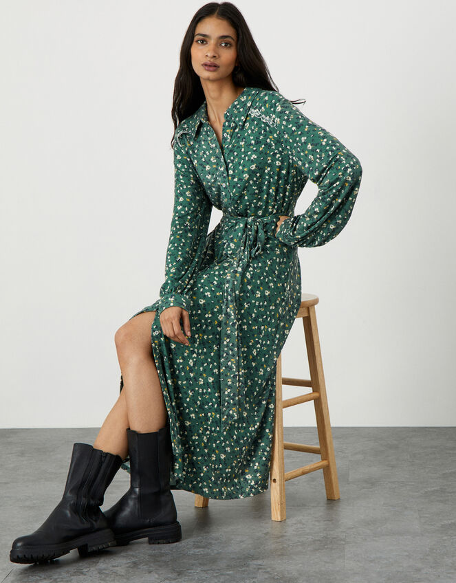 Floral Print Embroidered Shirt Dress, Green (GREEN), large