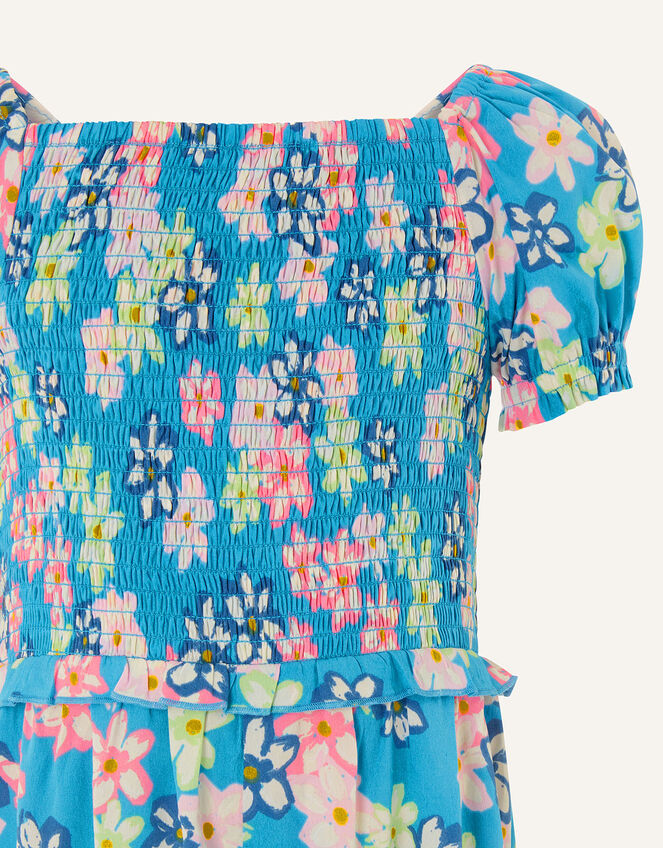 Floral Shirred Jumpsuit, Blue (BLUE), large