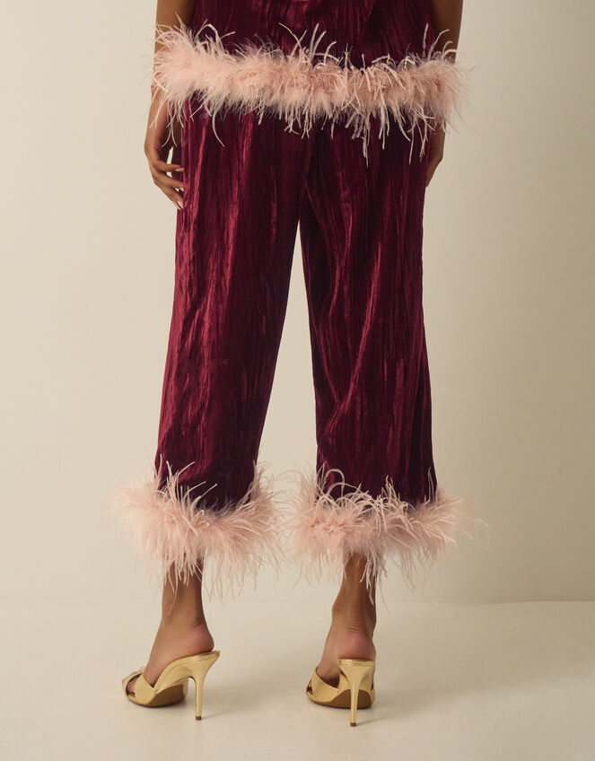 Emma Faux Feather Cropped Velvet Trousers, Red (BURGUNDY), large