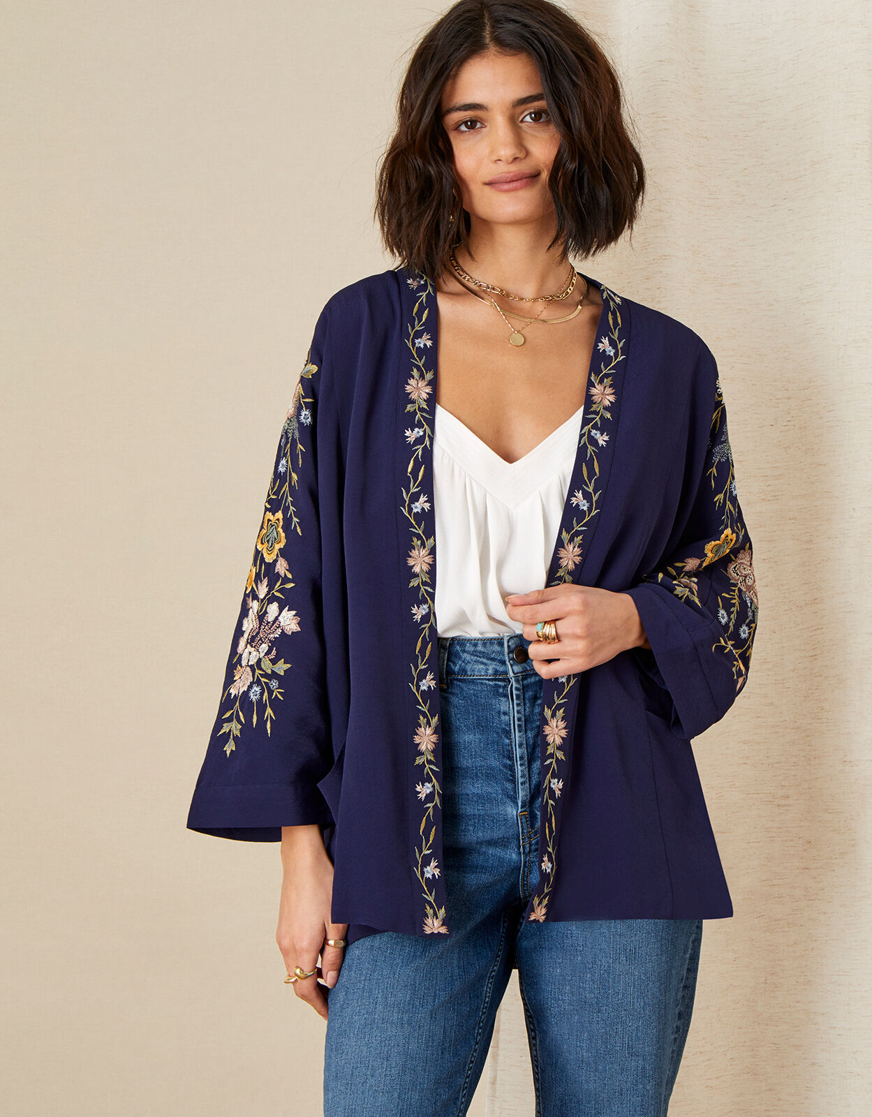 Floral Embroidered Short KImono Blue Women s Jackets Monsoon UK