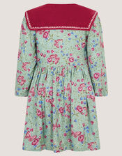 Floral Print Velvet Collar Dress, Green (GREEN), large