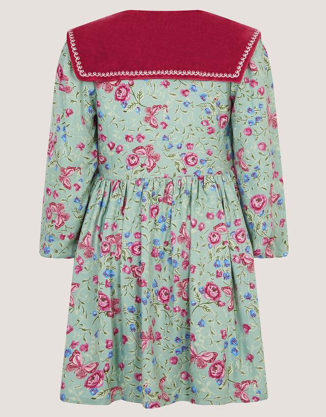 Floral Print Velvet Collar Dress, Green (GREEN), large