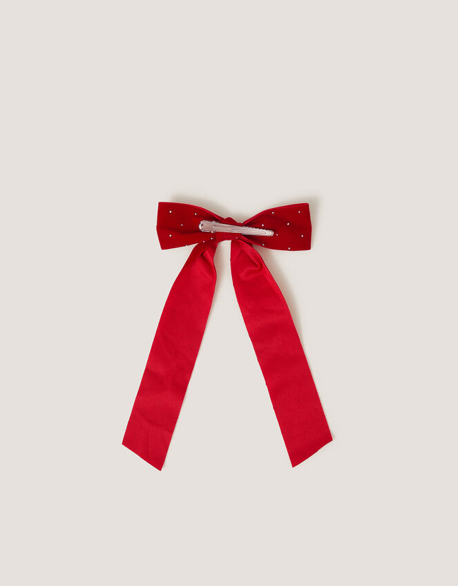 Velvet Rhinestone Bow Hair Clip, Red (RED), large