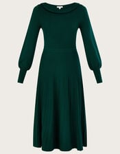 Pleat Trim Slash Neck Midi Dress, Green (DARK GREEN), large