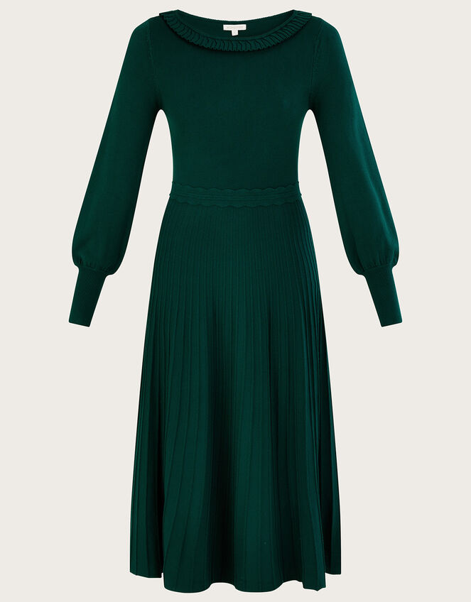 Pleat Trim Slash Neck Midi Dress, Green (DARK GREEN), large