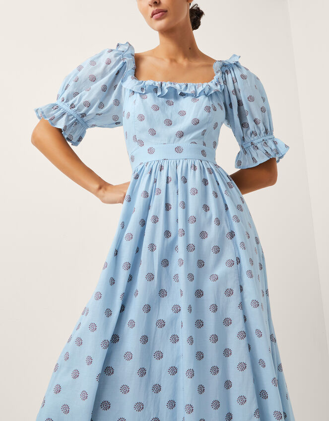The India Edit Matilda Printed Puff Sleeve Midi Dress, Blue (BLUE), large