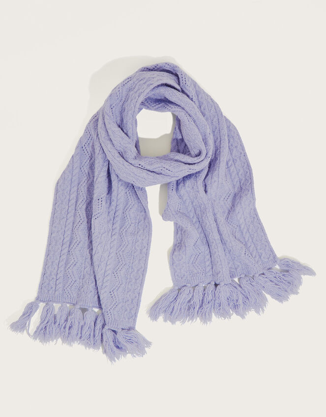 Tassel Trim Cable Knit Scarf, , large