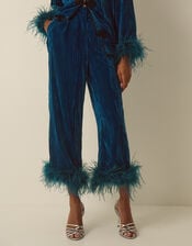 Quinn Feather Straight Leg Velvet Trousers, Teal (TEAL), large