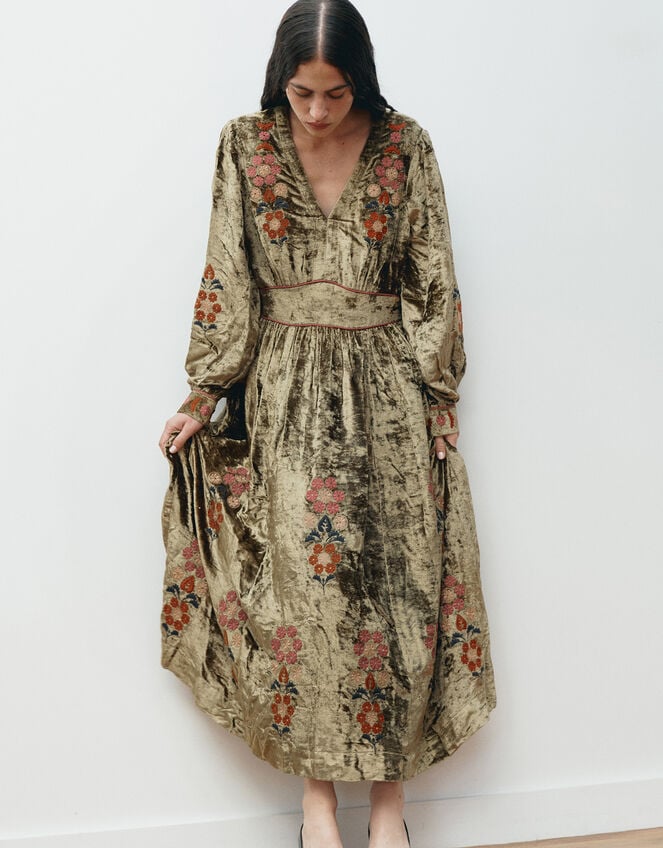East Sophia Floral Embroidered Velvet Midi Dress, Green (GREEN), large