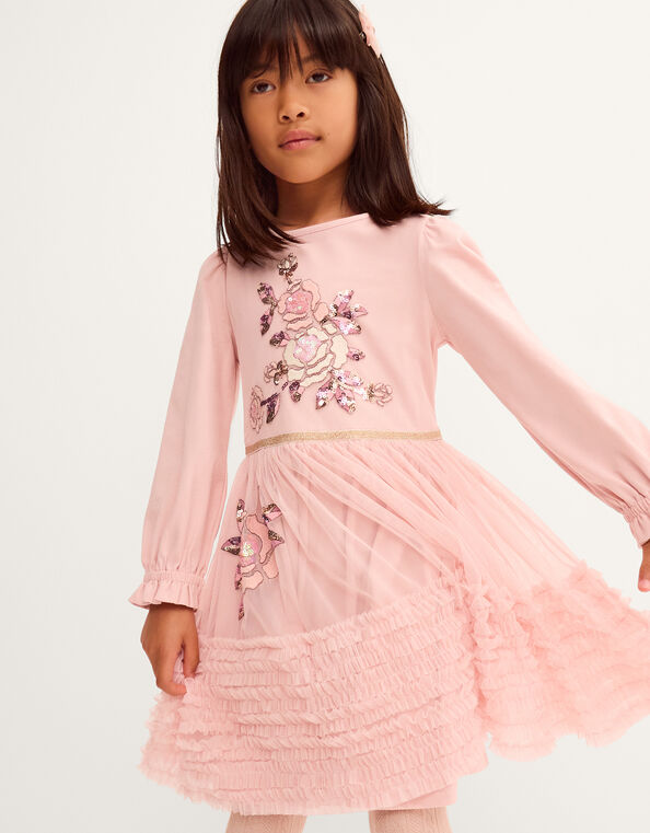 Sequin Floral Ruffle Disco Dress, Pink (PINK), large