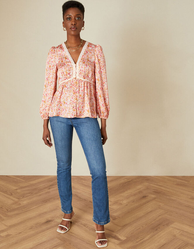 Ditsy Print Button Through Blouse with Recycled Polyester, Cream (CREAM), large
