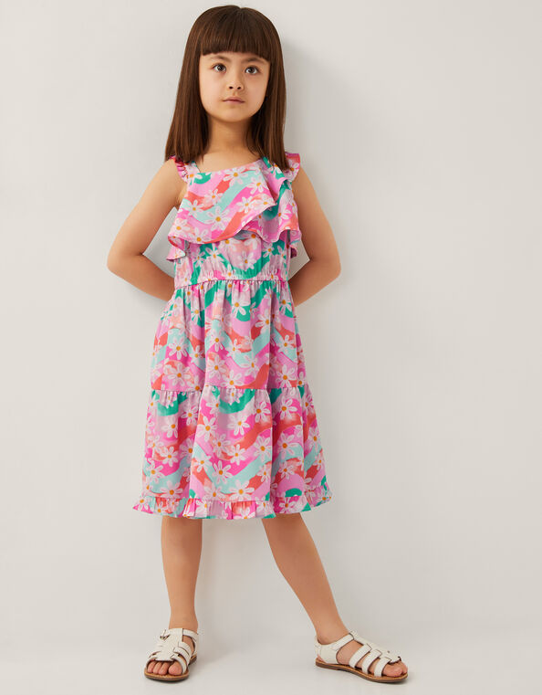 Asymmetrical Frilly Floral Dress, Pink (PINK), large