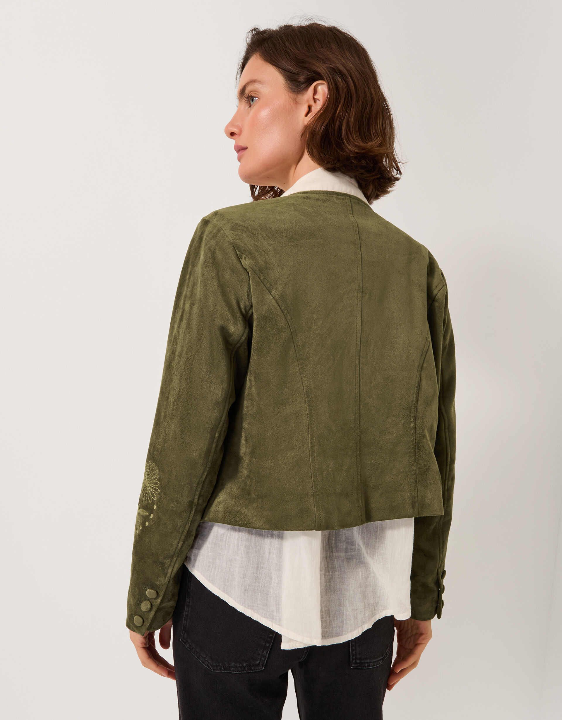 Ari Embroidered Faux Suede Jacket Green | Women's Jackets