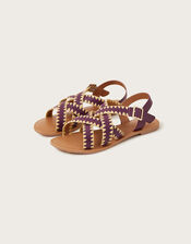 Leather Criss-Cross Flat Sandals, Purple (PURPLE), large