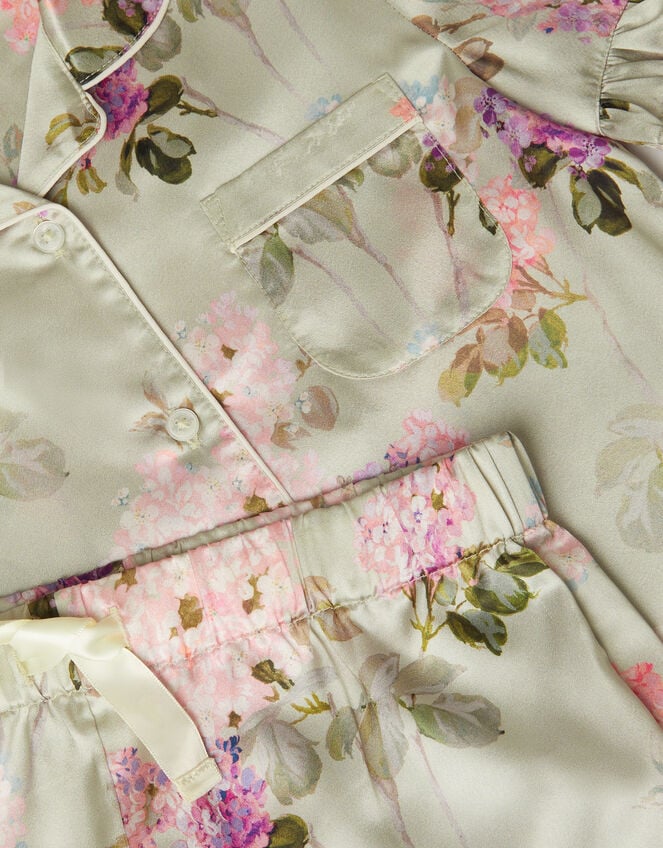 Floral Satin Short Pyjamas & Eye Mask Set, Green (GREEN), large