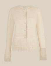 Fina Fringe Crew Neck Cardigan, Ivory (IVORY), large