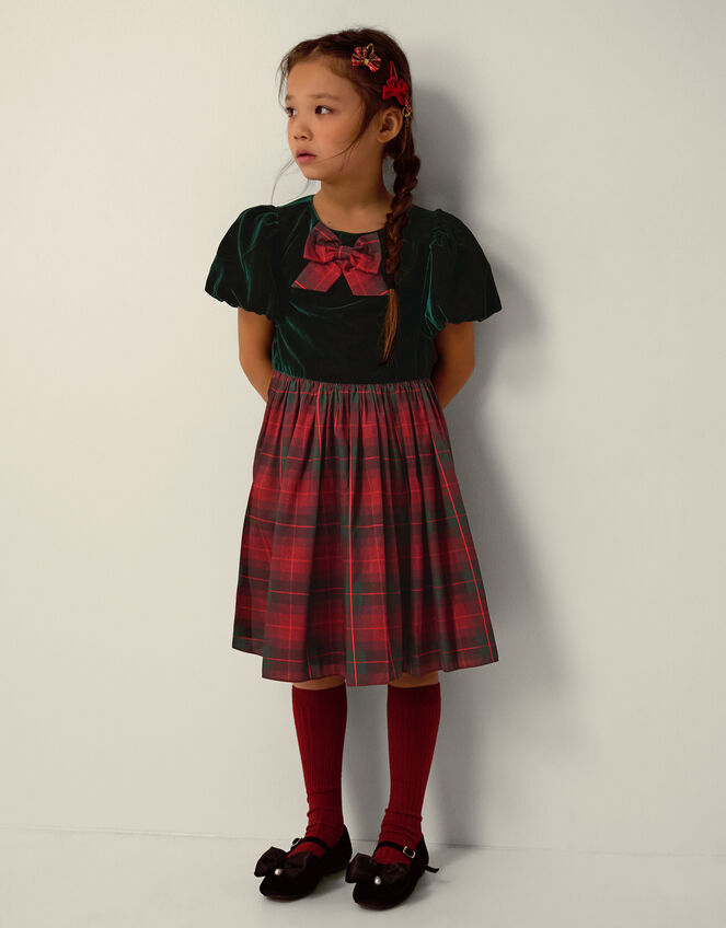 Elspeth Puff Sleeve Tartan Party Dress, Green (GREEN), large
