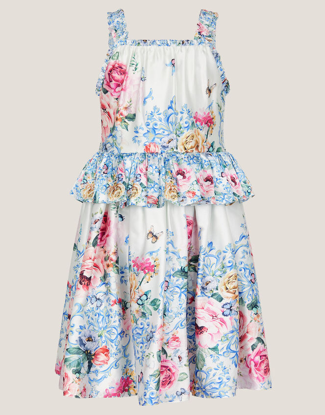 Rose Floral Satin Dress, Ivory (IVORY), large