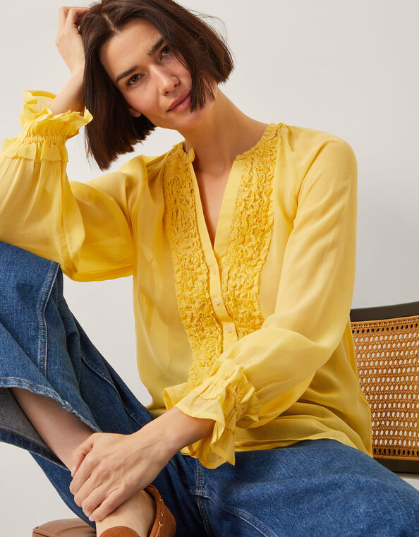 Amelia Frill Long Sleeve Blouse, Yellow (YELLOW), large