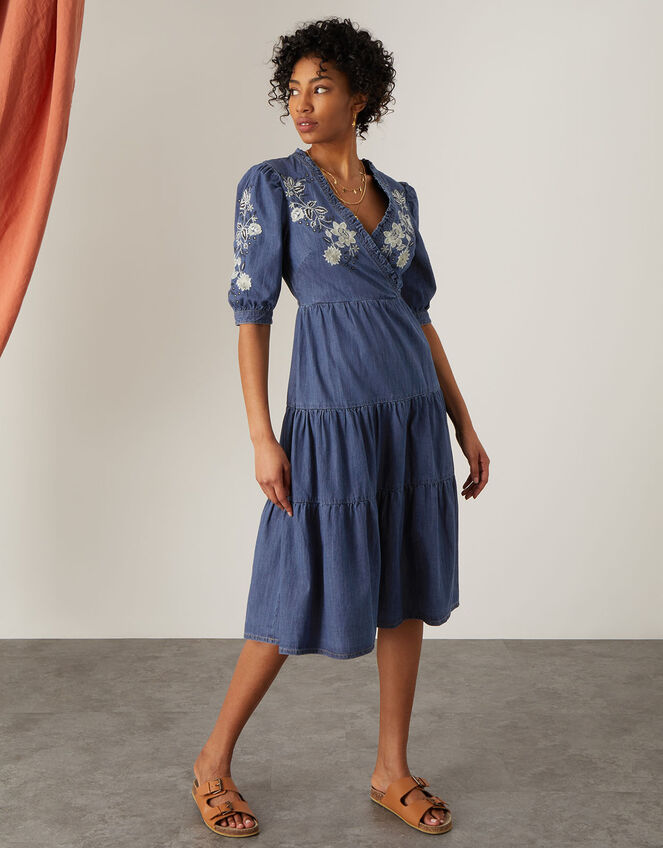 Dianna Denim Embroidered Wrap Dolly Dress, Blue (DENIM BLUE), large