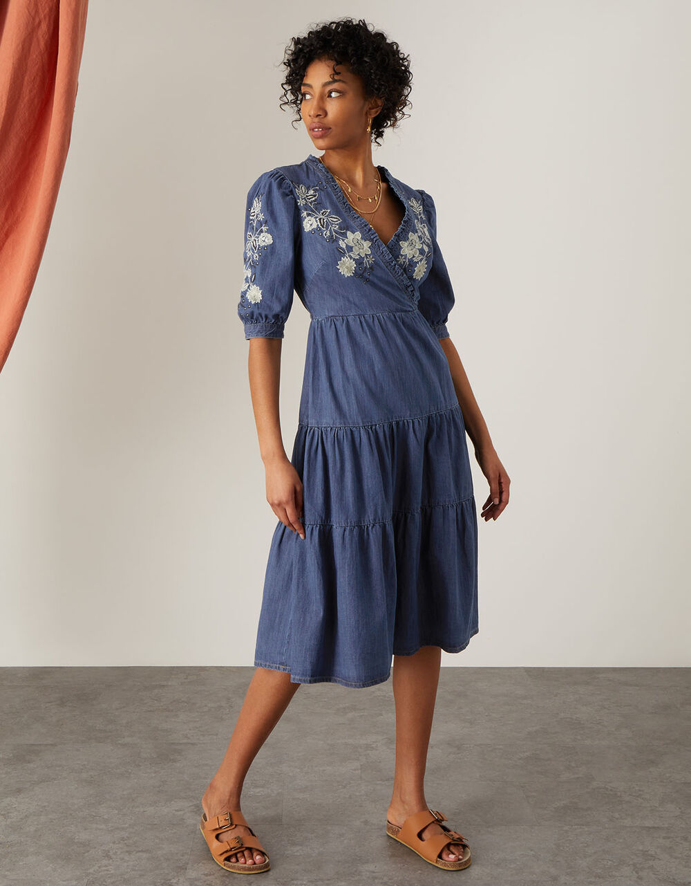 Women Dresses | Dianna Denim Embroidered Wrap Dolly Dress Blue - MG86643