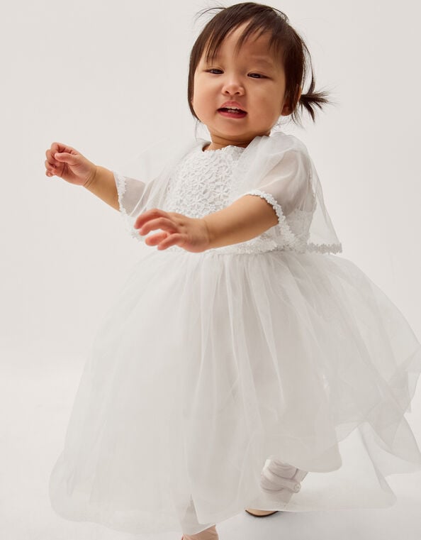 Baby Flutter Sleeve Floral Embroidered Tulle Dress, Ivory (IVORY), large