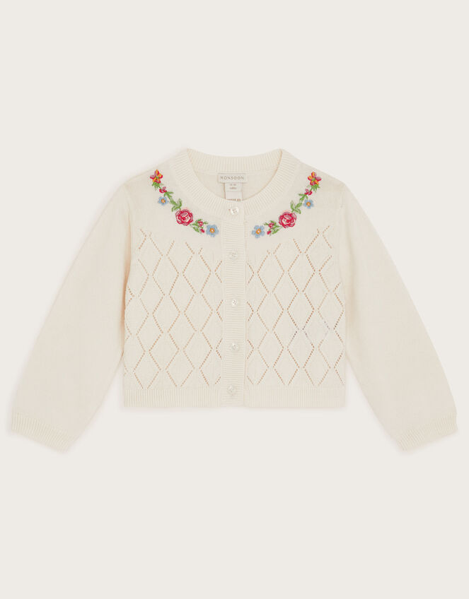 Baby Floral Pointelle Knit Cardigan, Ivory (IVORY), large