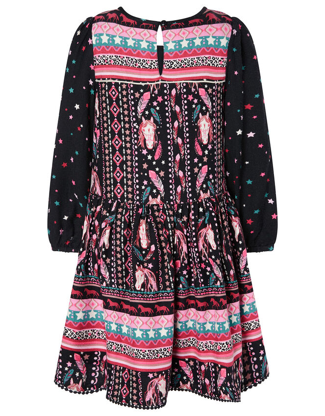 Horse Print Long Sleeve Dress, Black (BLACK), large