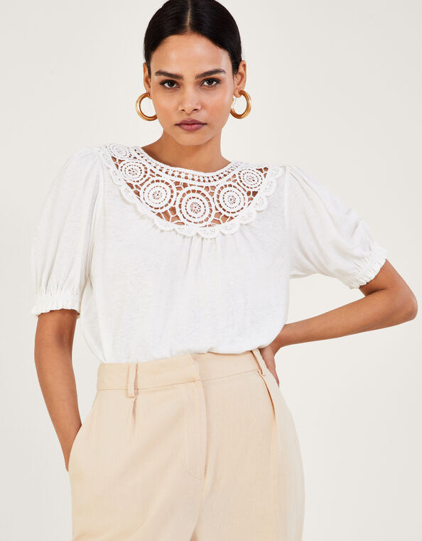 Crochet Frill Sleeve Top in Linen Blend, Ivory (IVORY), large