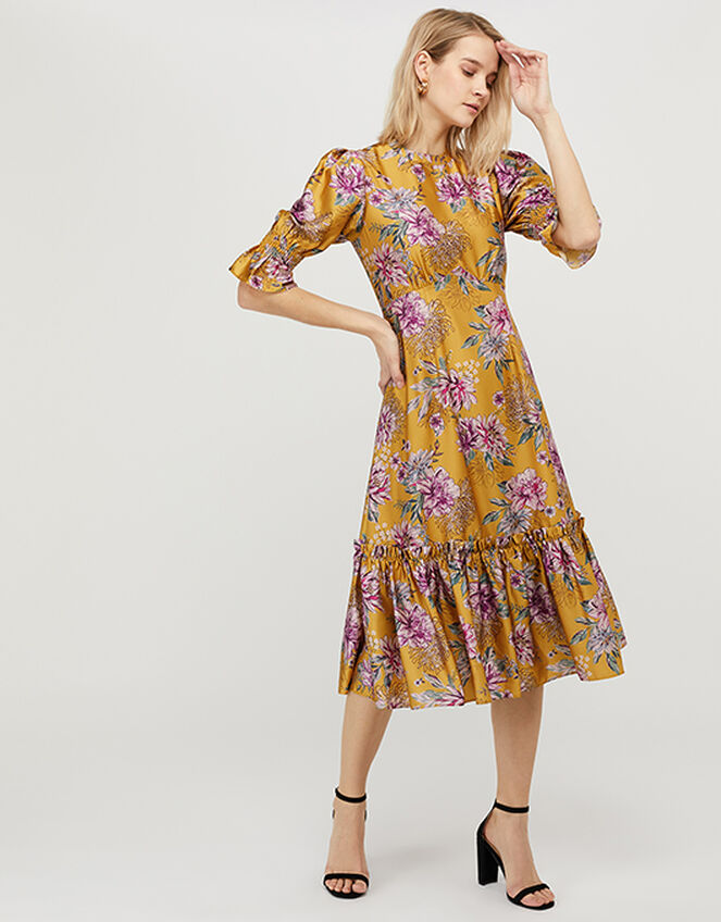 Floral Print Satin Midi Dress, Yellow (YELLOW), large