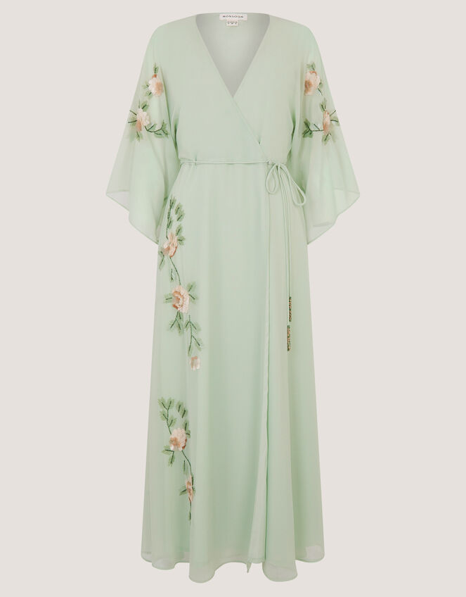 Clara Floral Embellished Midi Wrap Dress, Green (SAGE), large