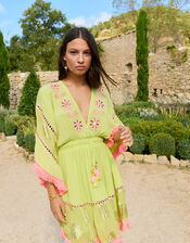 Piti Cuiti Floral Embroidered Mini Kaftan Dress, Green (LIME), large