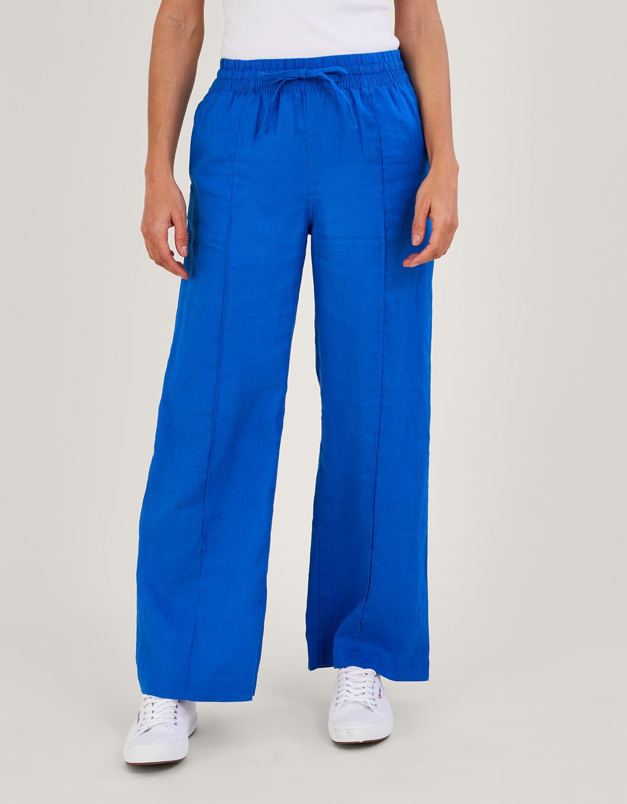 Linen Wide Leg Pull On Trousers Blue