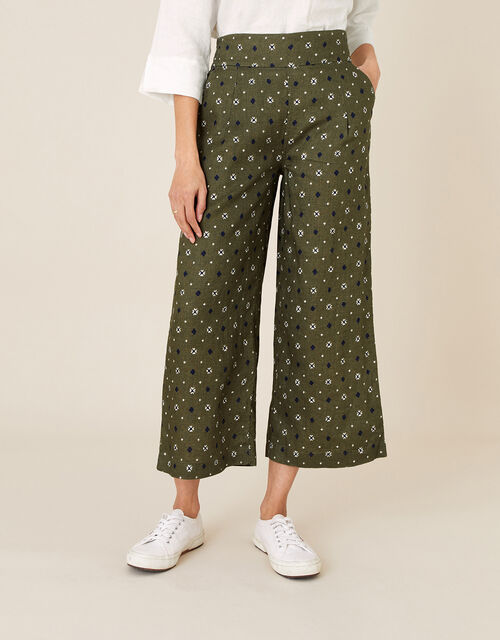 Marnie Printed Culottes in Pure Linen, Green (KHAKI), large