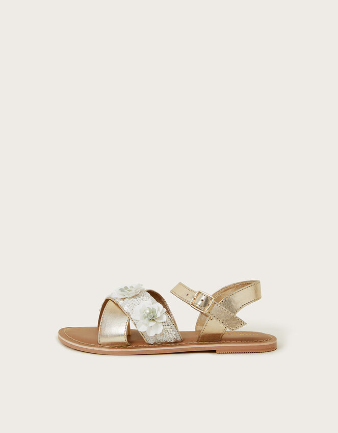 Flower Embellished Metallic Sandals, Ivory (IVORY), large
