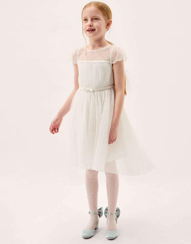 Gracia Embroidered Yoke Tulle Dress, Ivory (IVORY), large