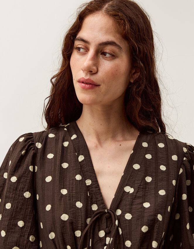 brown polka dot dress with sleeves Girl In Mind Bryce Wrap Front Long Sleeve Brown Polka Dot Mini Dress Love My Apparel