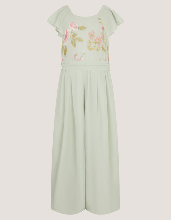 Azalea Floral Embroidered Ruffle Jumpsuit, Green (SAGE), large