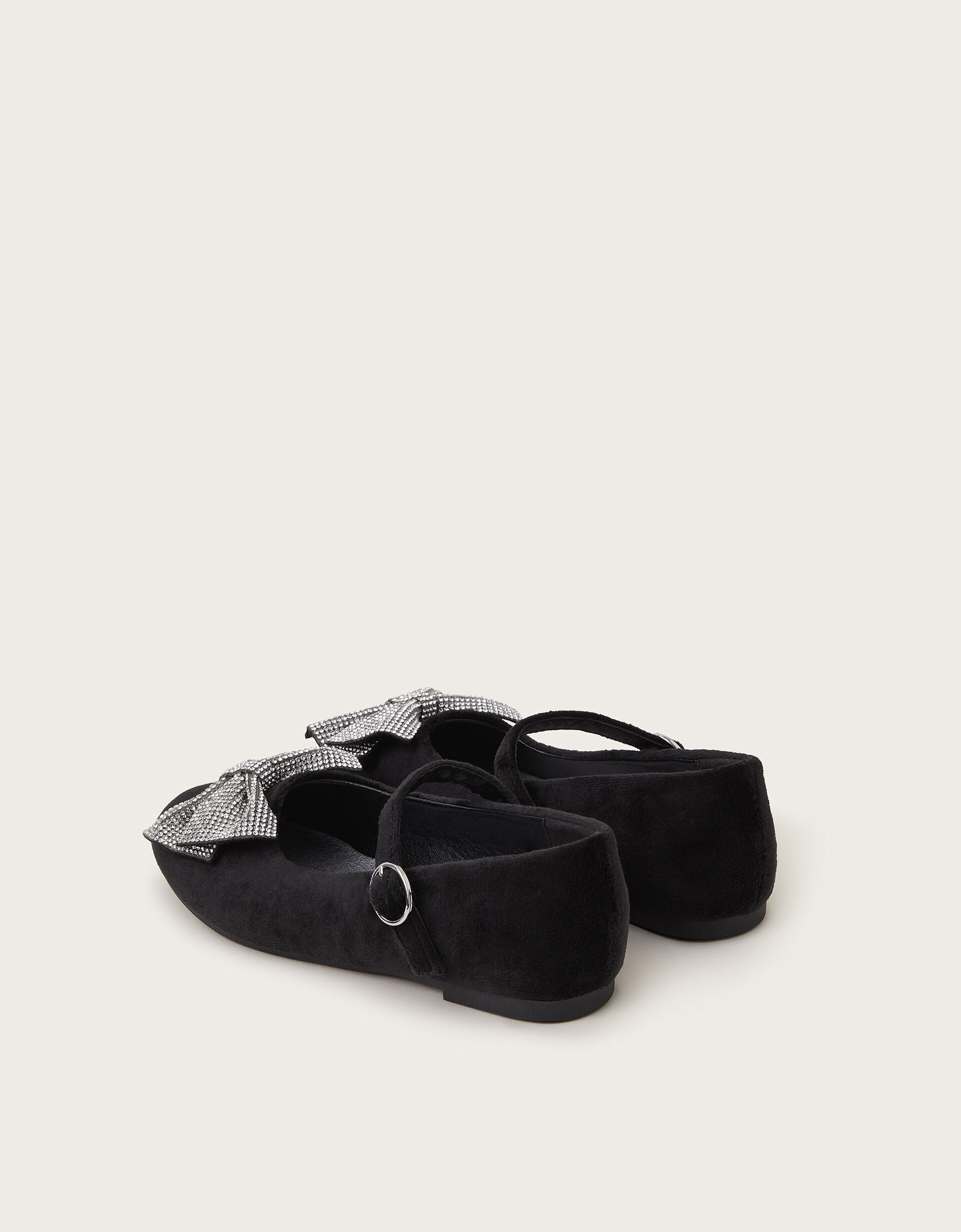 Diamante Bow Velvet Ballet Flats Black