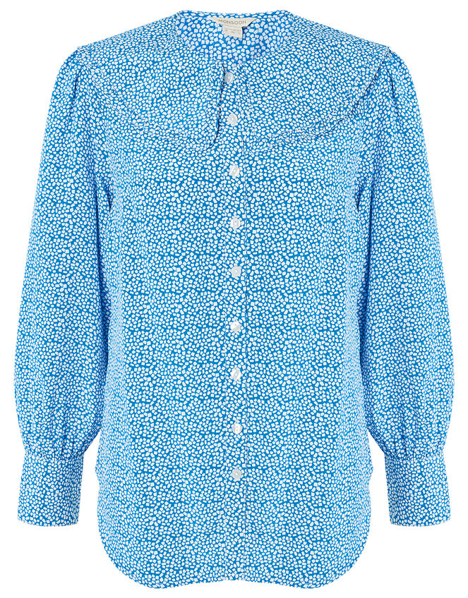 Printed Wide Collar Blouse, Blue (BLUE), large
