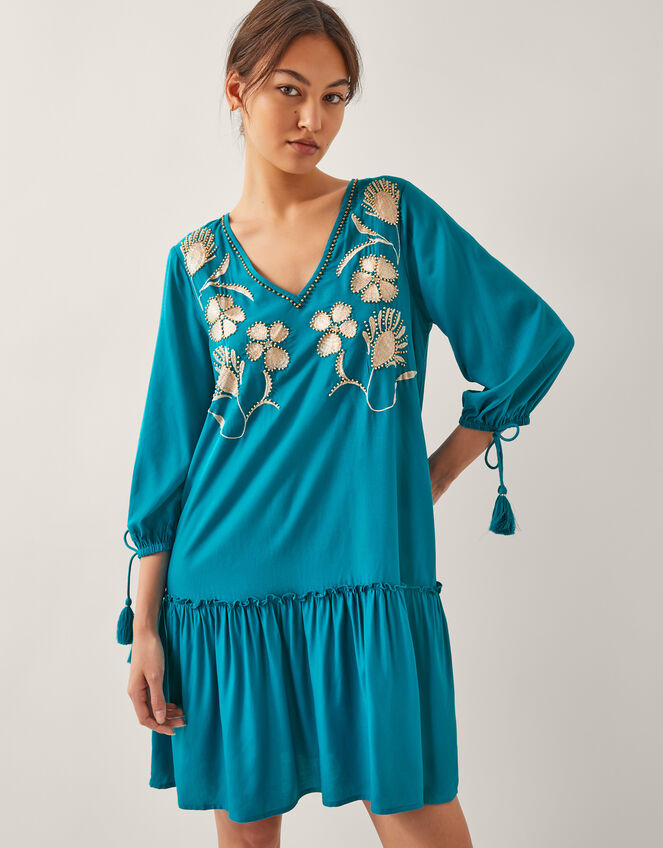 Tracy Floral Embellished Mini Kaftan Teal