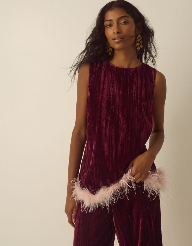 Emma Sleeveless Feather Crushed Velvet Top, Red (BURGUNDY), large