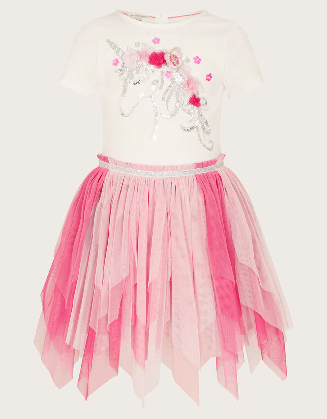 Sequin Unicorn Short Sleeve Disco Dress, Pink (PINK), large
