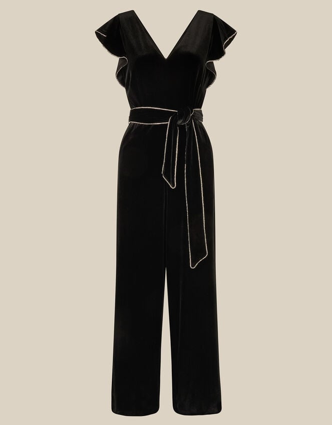 Dionne V-Neck Velvet Jumpsuit, Black (BLACK), large
