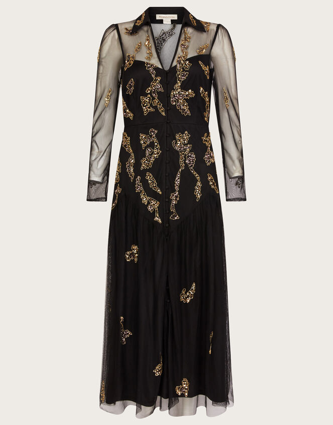 Gina Embellished Shirt Dress in Recycled Polyester, Black (BLACK), large