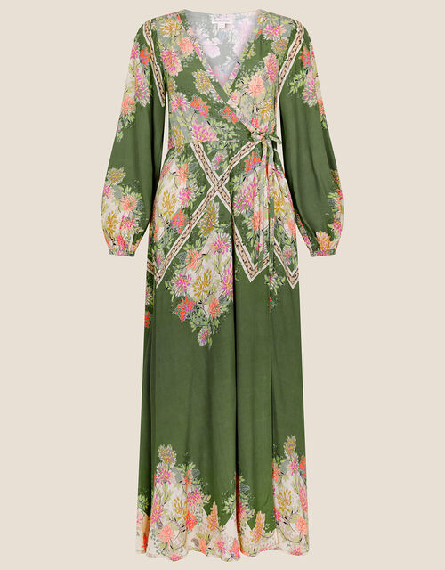 Sophia Scarf Print Midi Dress in Sustainable Viscose, Green (GREEN), large